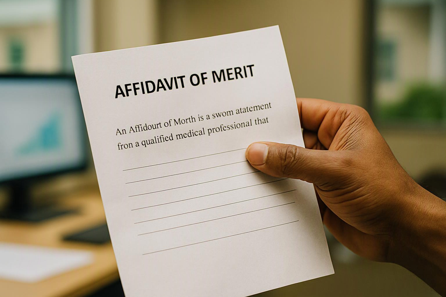 A hand holds a paper titled "AFFIDAVIT OF MERIT" with lined sections, in an office-like setting