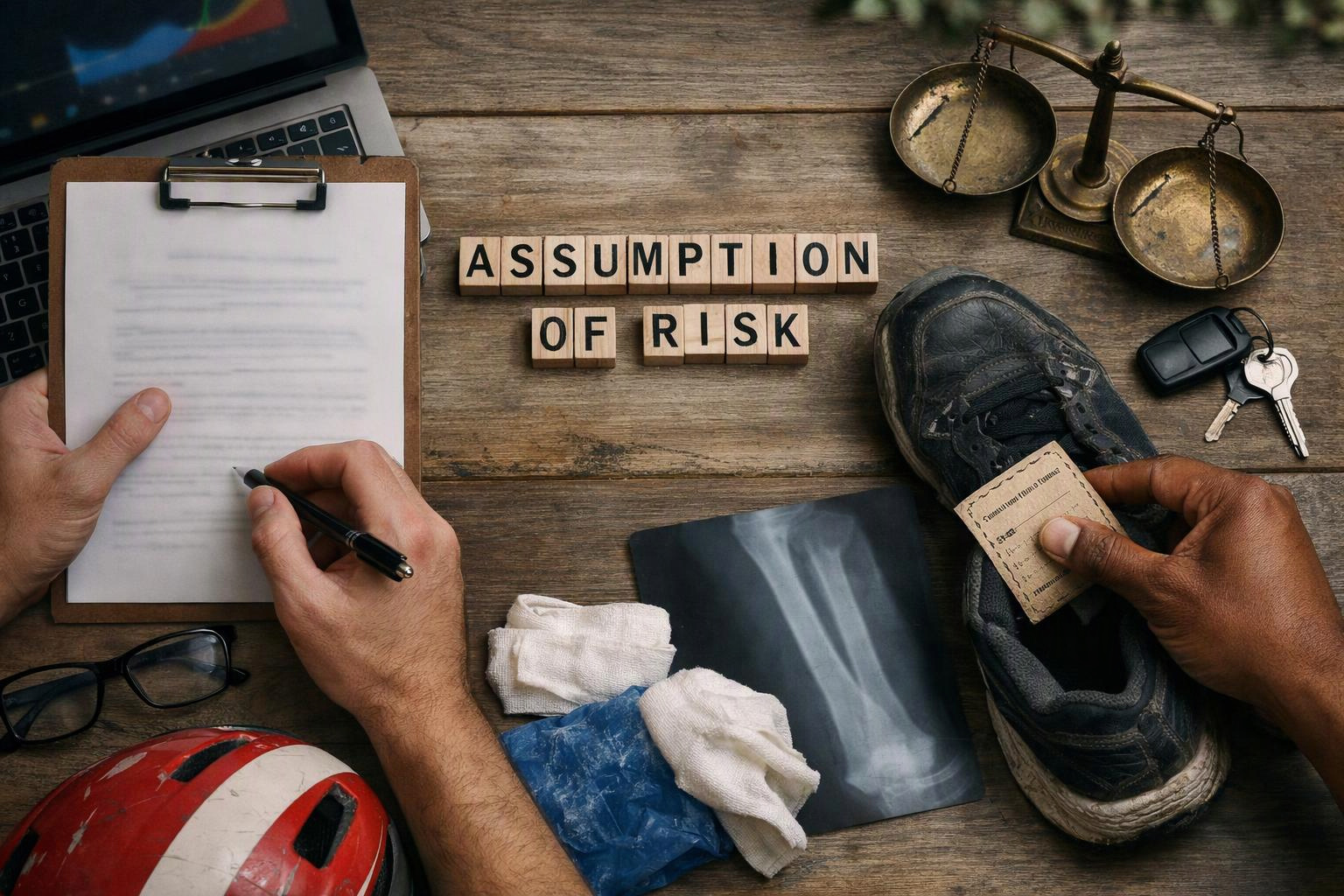 Hands write on a clipboard beside a shoe, X-ray, keys, helmet, and letter tiles reading “ASSUMPTION OF RISK”