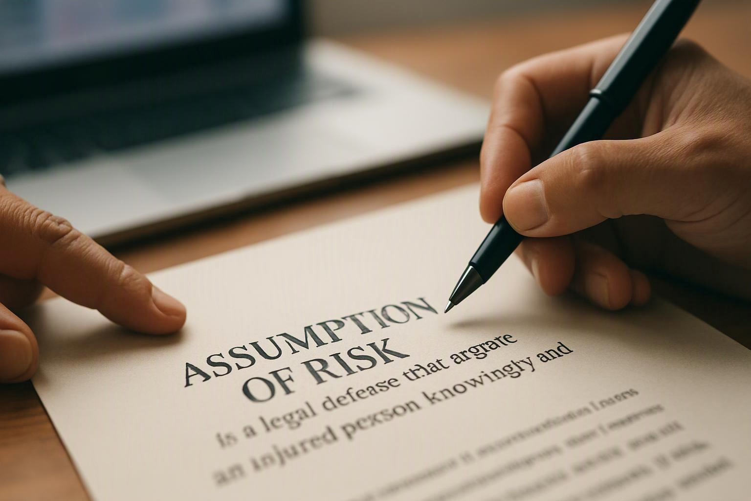 Hands point a pen at a legal document titled "ASSUMPTION OF RISK" on a desk
