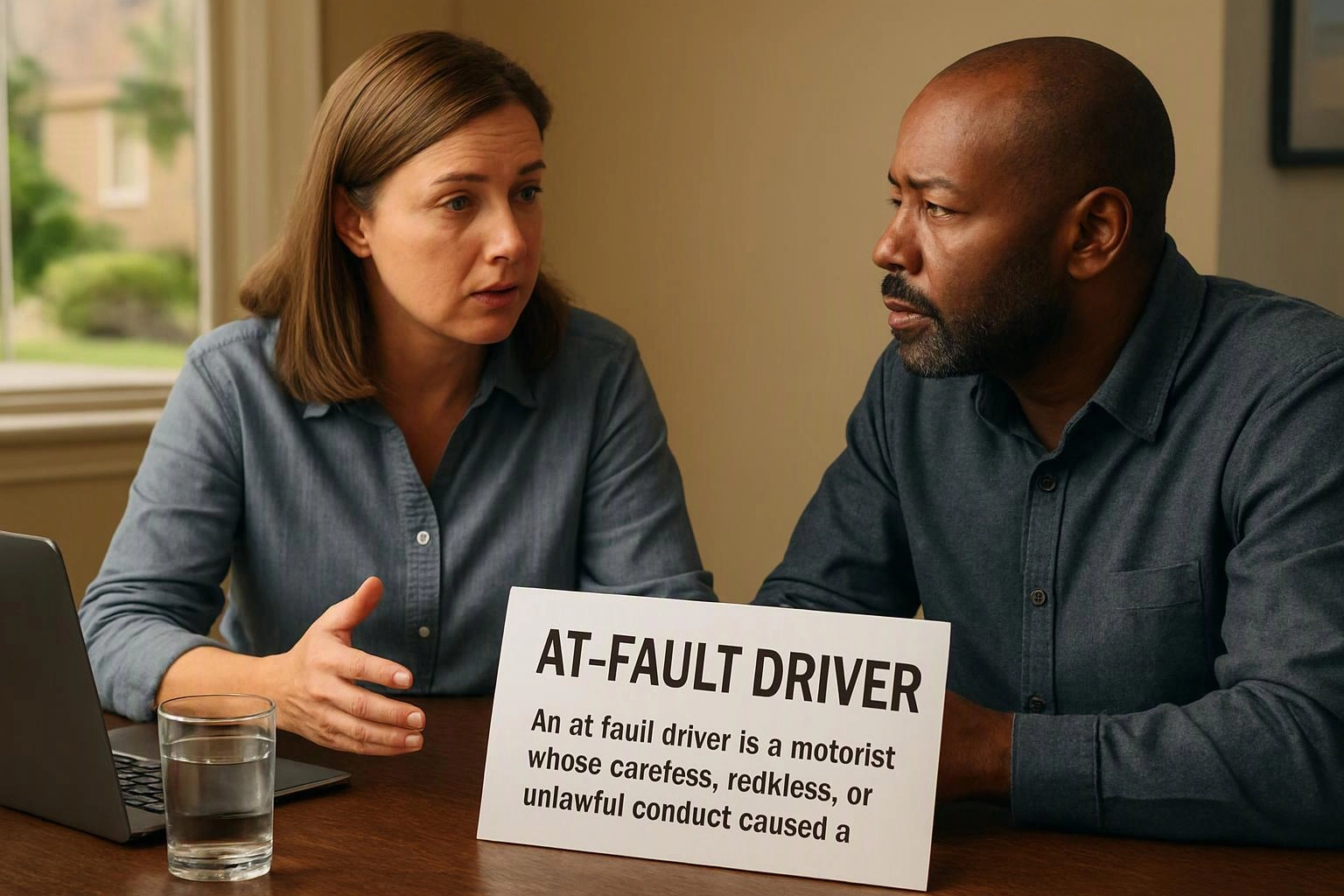 Two people sit at a table discussing a sign labeled “AT-FAULT DRIVER” in a meeting room