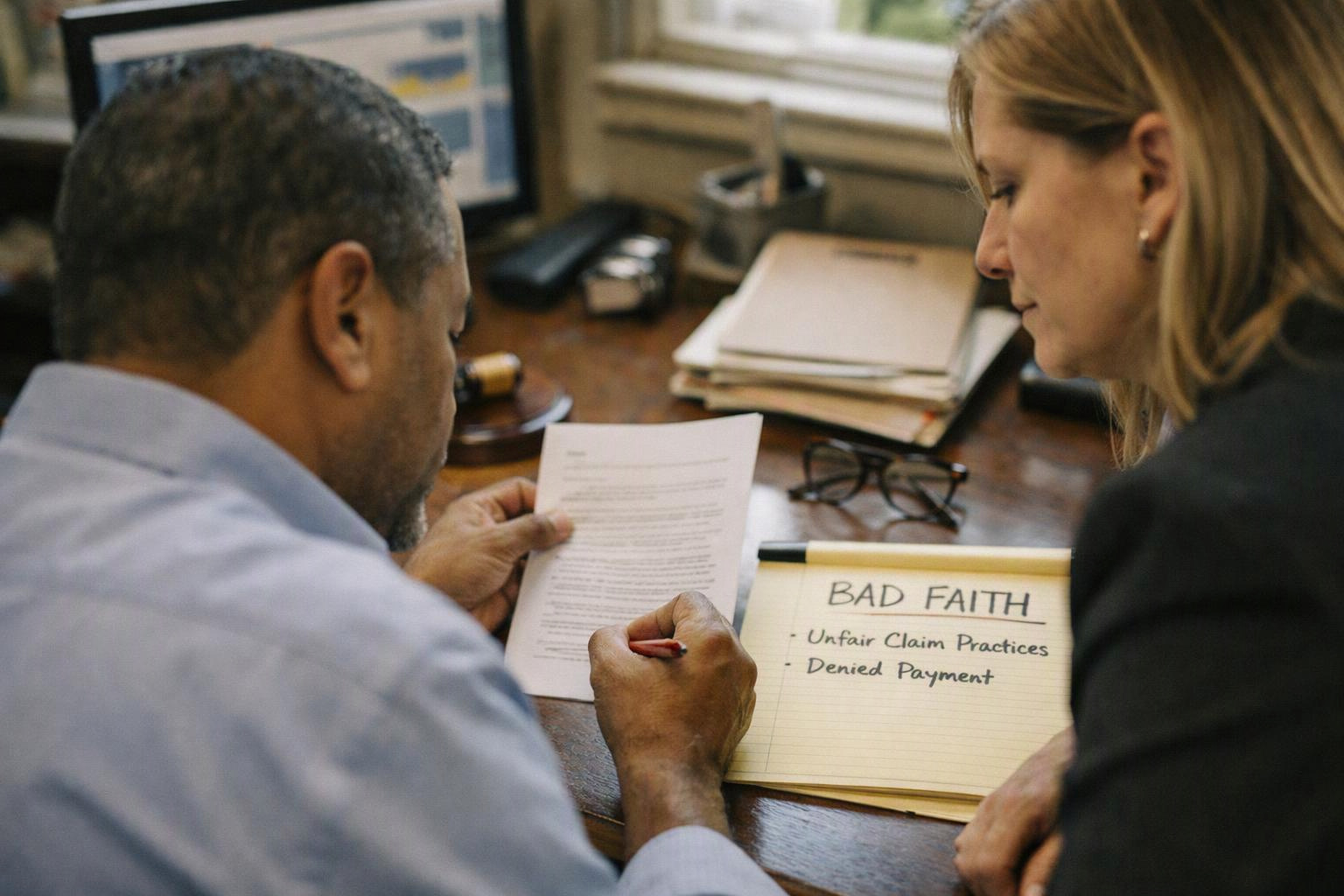 Two people review a document at a desk, with a notepad reading “BAD FAITH” beside glasses and files