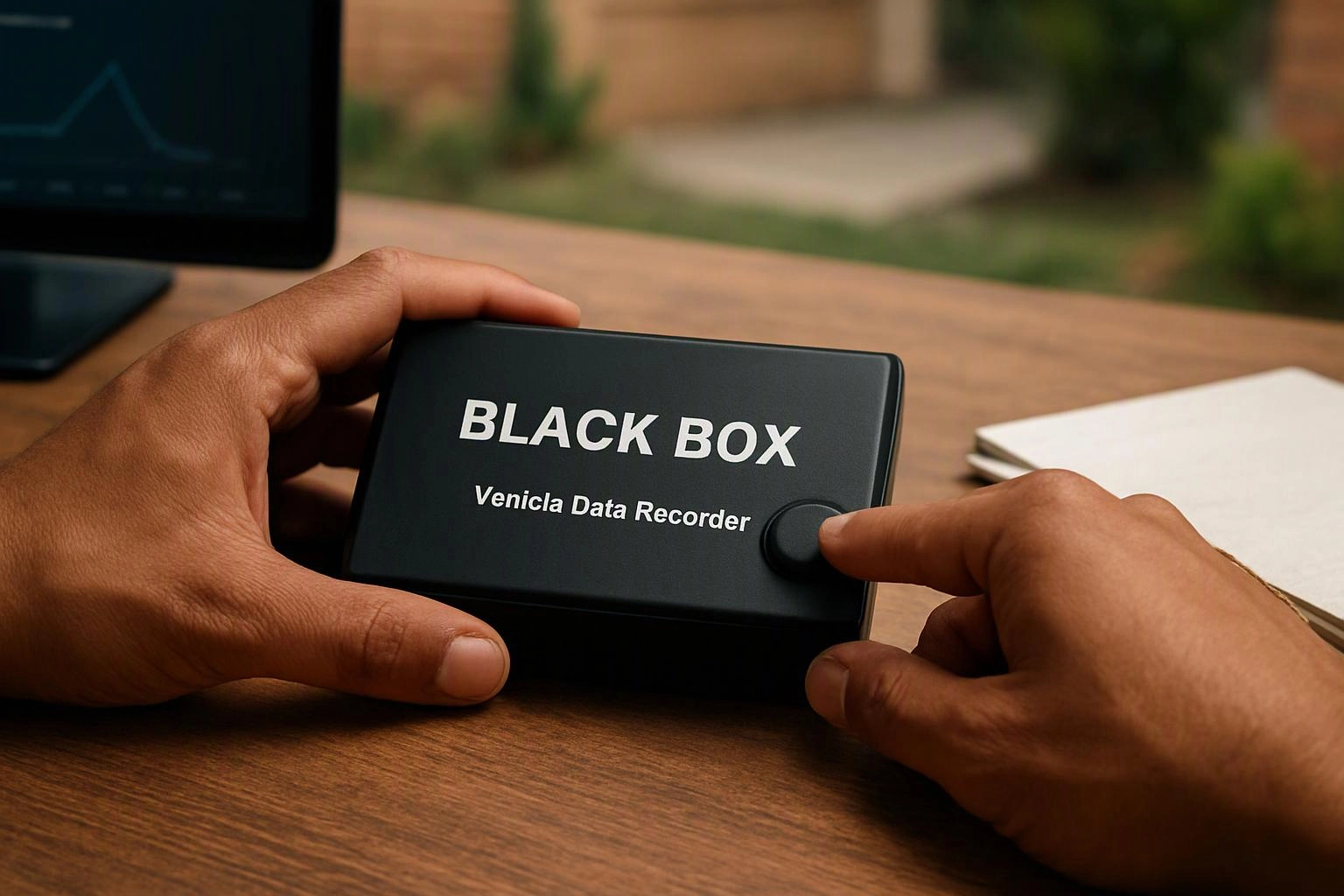 Hands press a small black device labeled “BLACK BOX” and “Venicla Data Recorder” on a wooden table