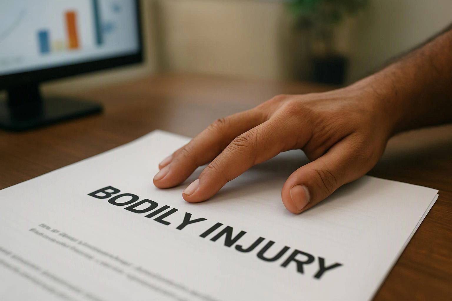 A hand rests on a paper labeled “BODILY INJURY” beside a blurred computer screen on a desk