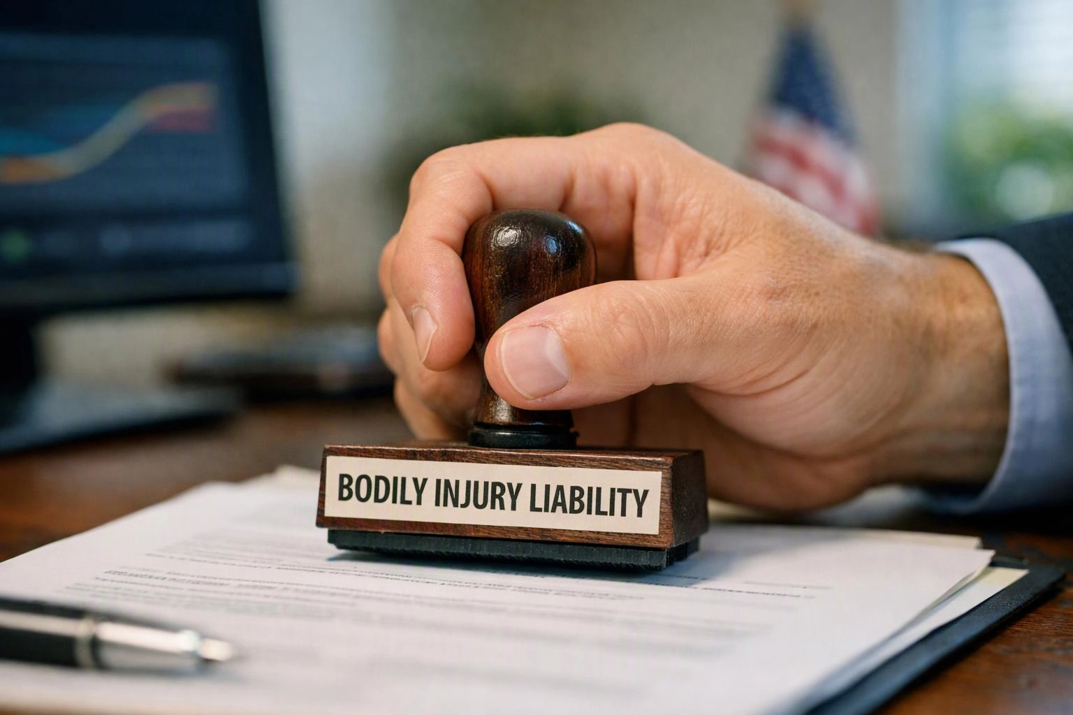 A hand stamps “BODILY INJURY LIABILITY” onto papers at a desk, with a blurred office background