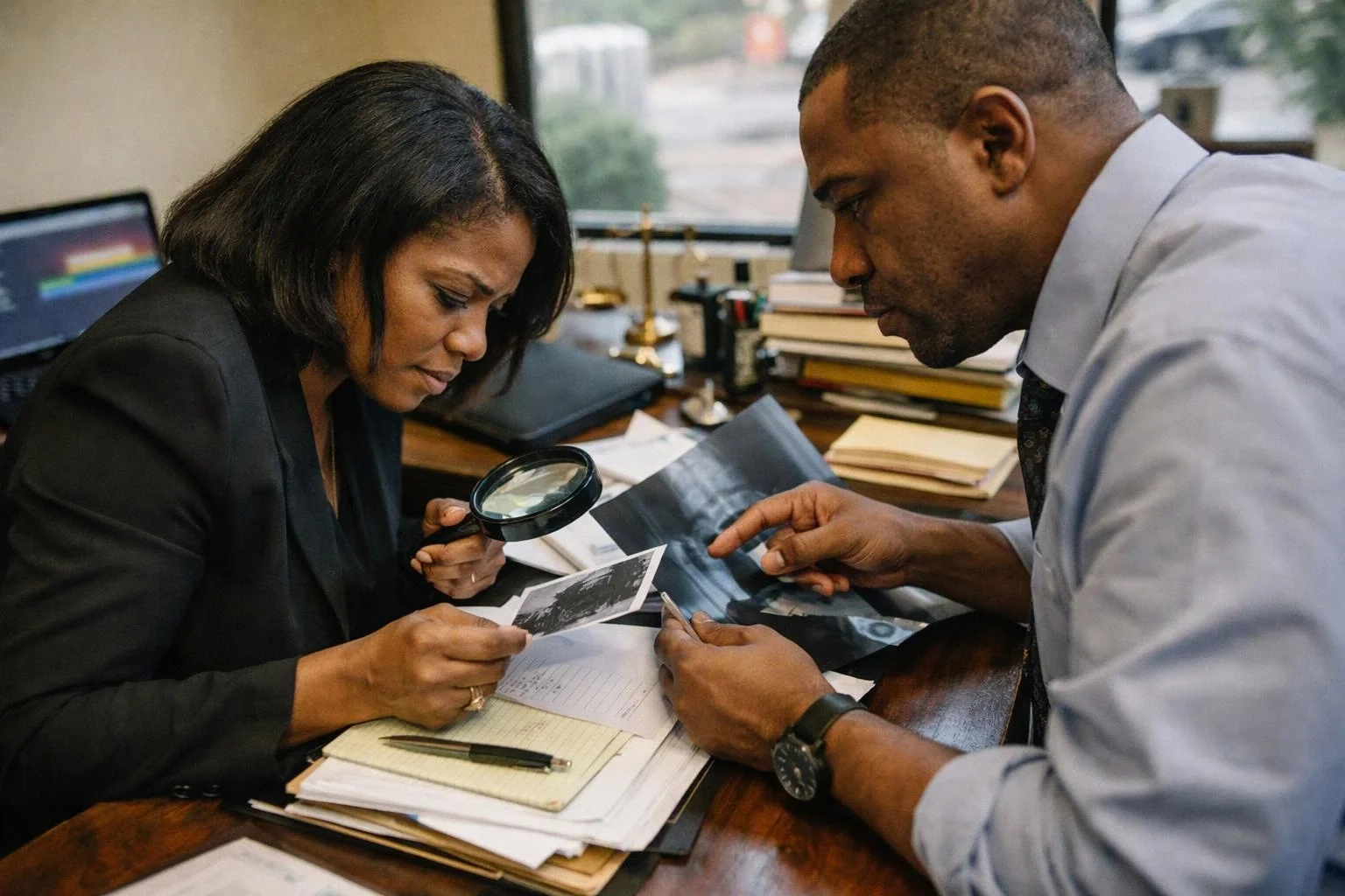 Two people lean over a desk, studying a photo through a magnifying glass and pointing at papers in an office