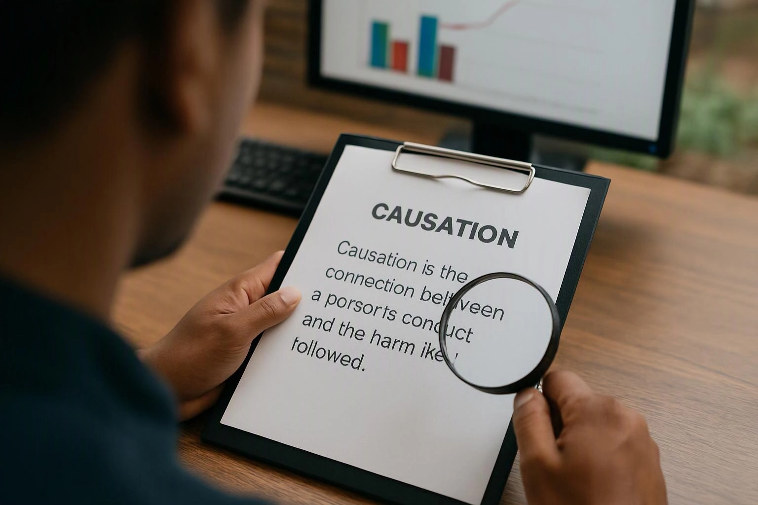 A person examines a clipboard page titled “CAUSATION” with a magnifying glass at a desk