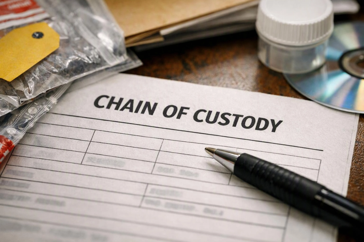 A chain of custody form lies on a desk with a pen, bagged evidence, a vial, and a disc around it