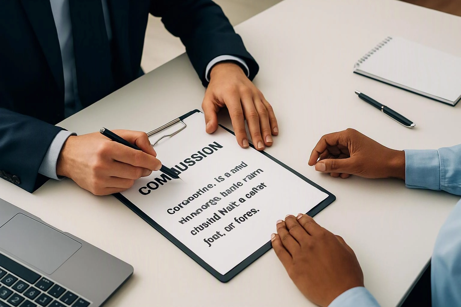 Three people lean over a desk, one signing a clipboard labeled “COMMISSION” while others watch