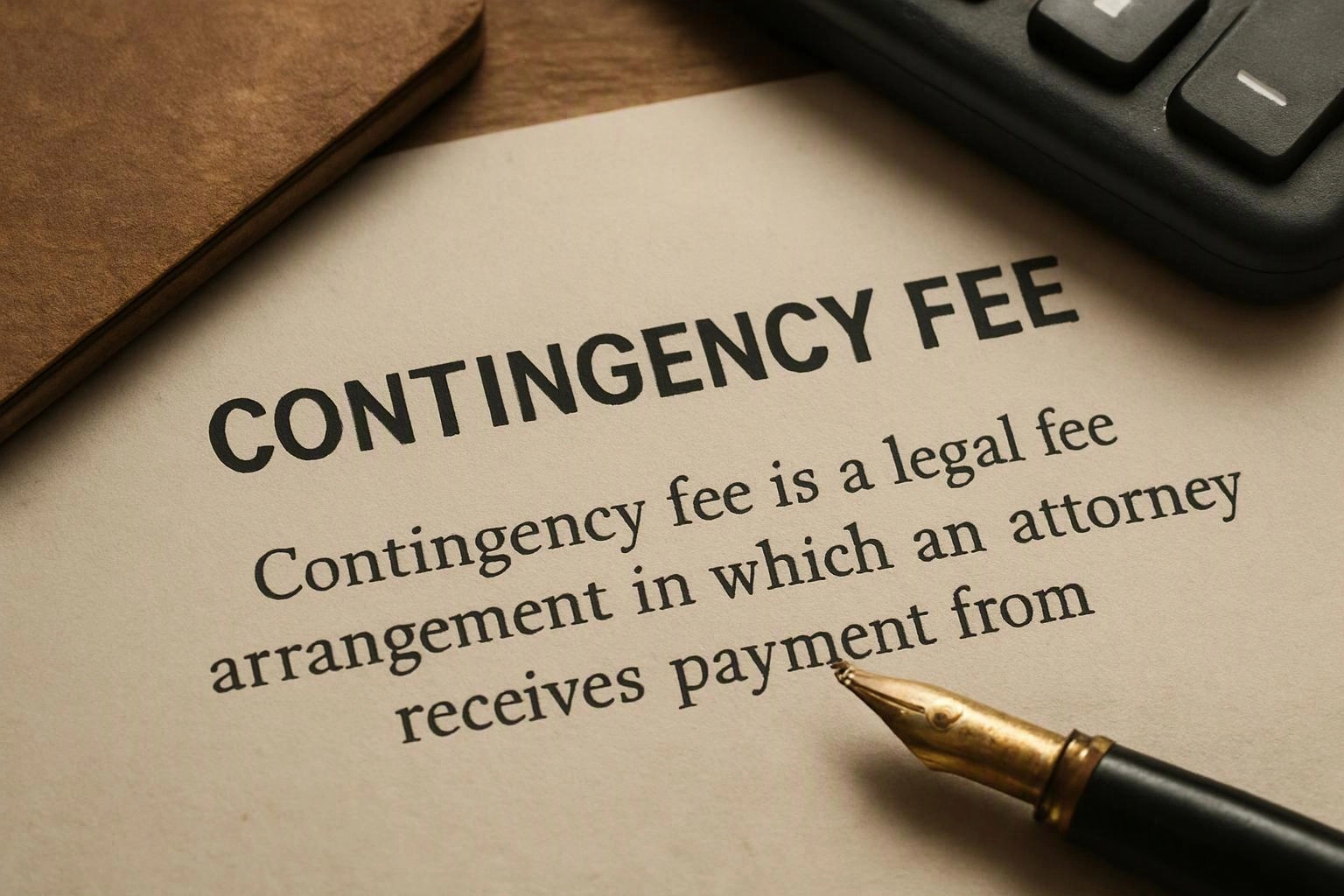 A document titled “CONTINGENCY FEE” lies beside a calculator, notebook, and fountain pen on a desk
