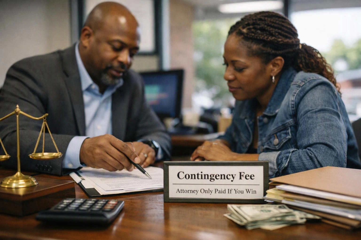 A lawyer points at paperwork while speaking with a woman beside a desk labeled “Contingency Fee”