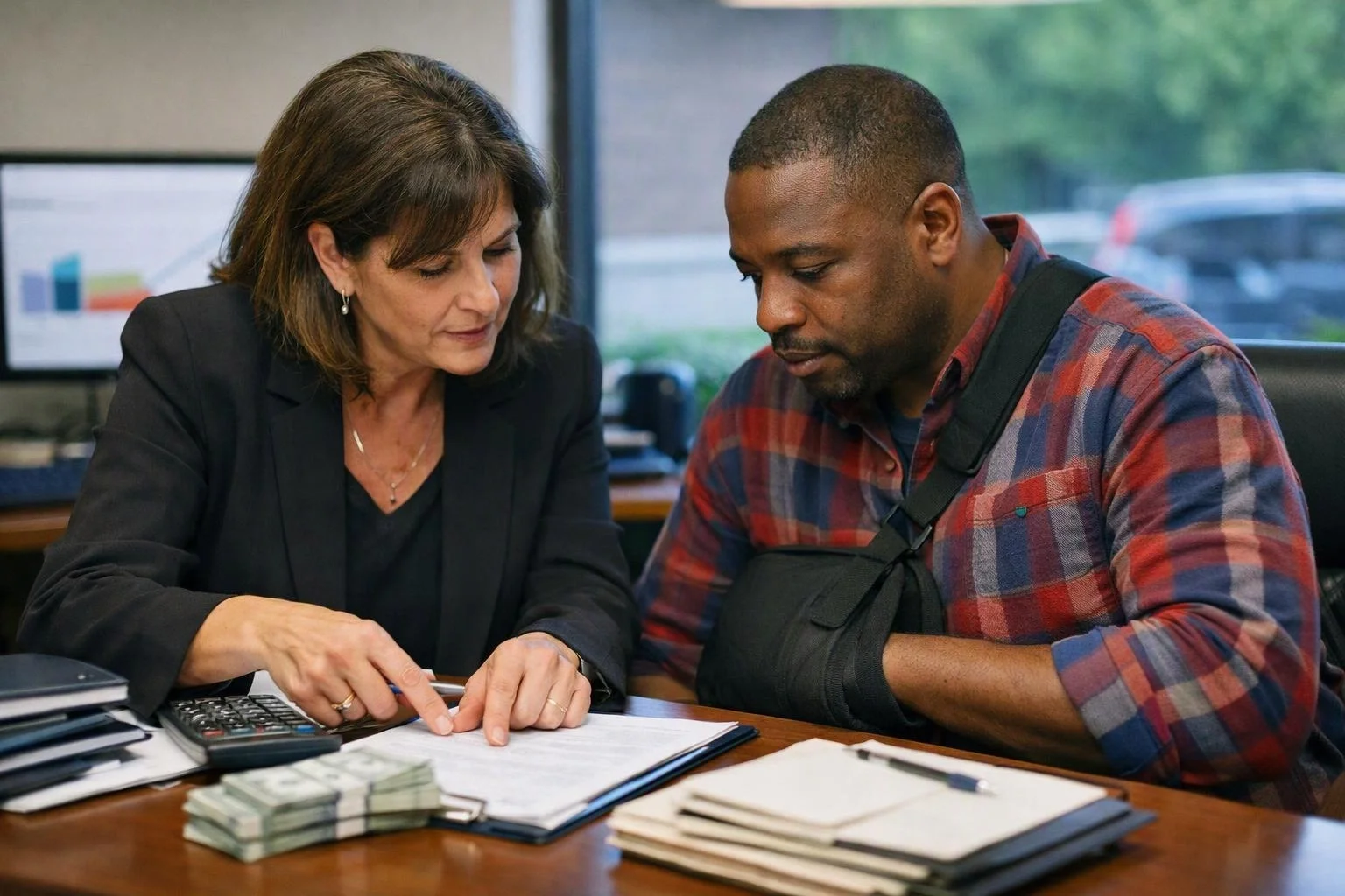 A woman points at paperwork while a man with an arm sling listens at a desk with cash, calculator, and notebooks