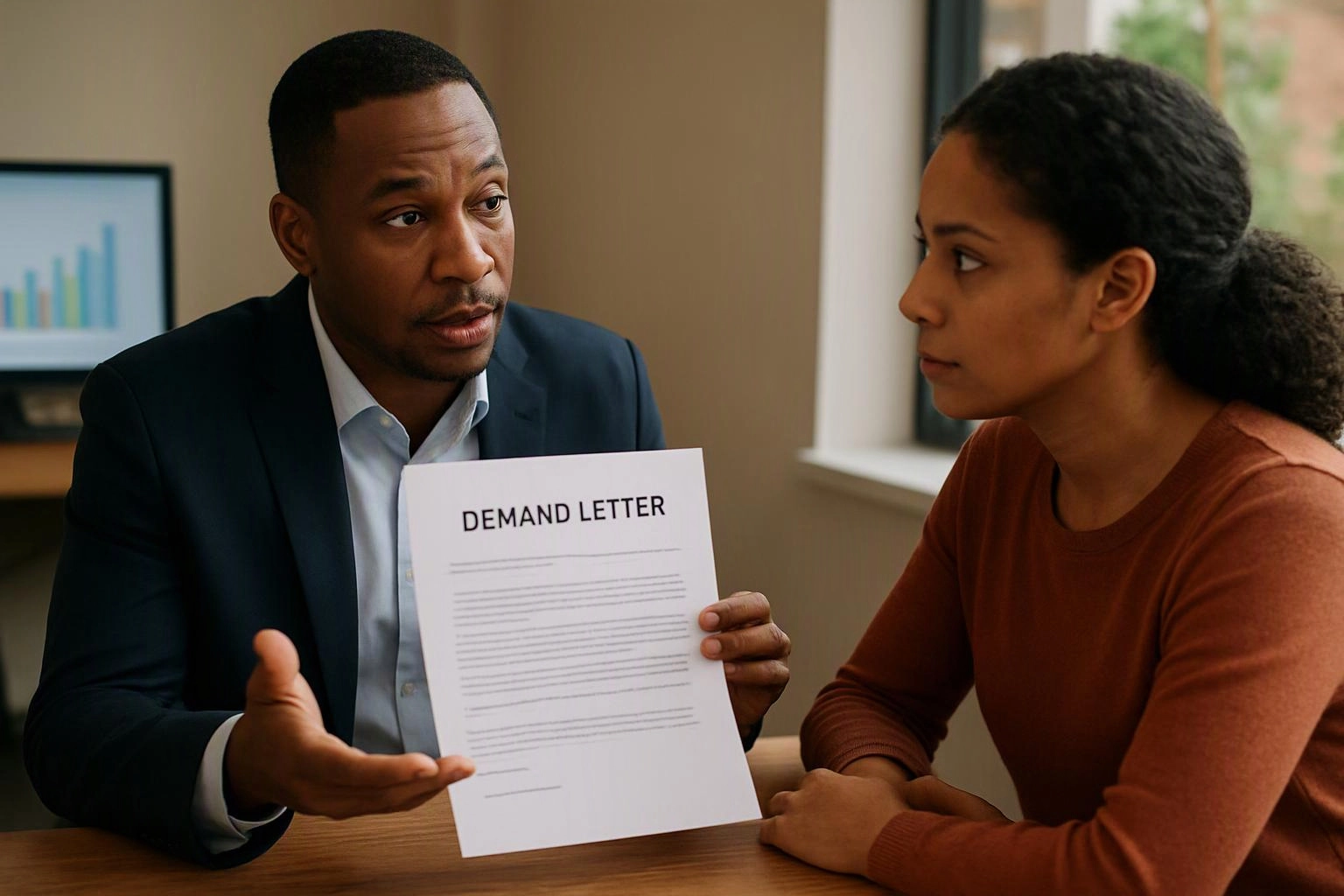 A man in a suit shows a woman a document titled “DEMAND LETTER” across a table in an office