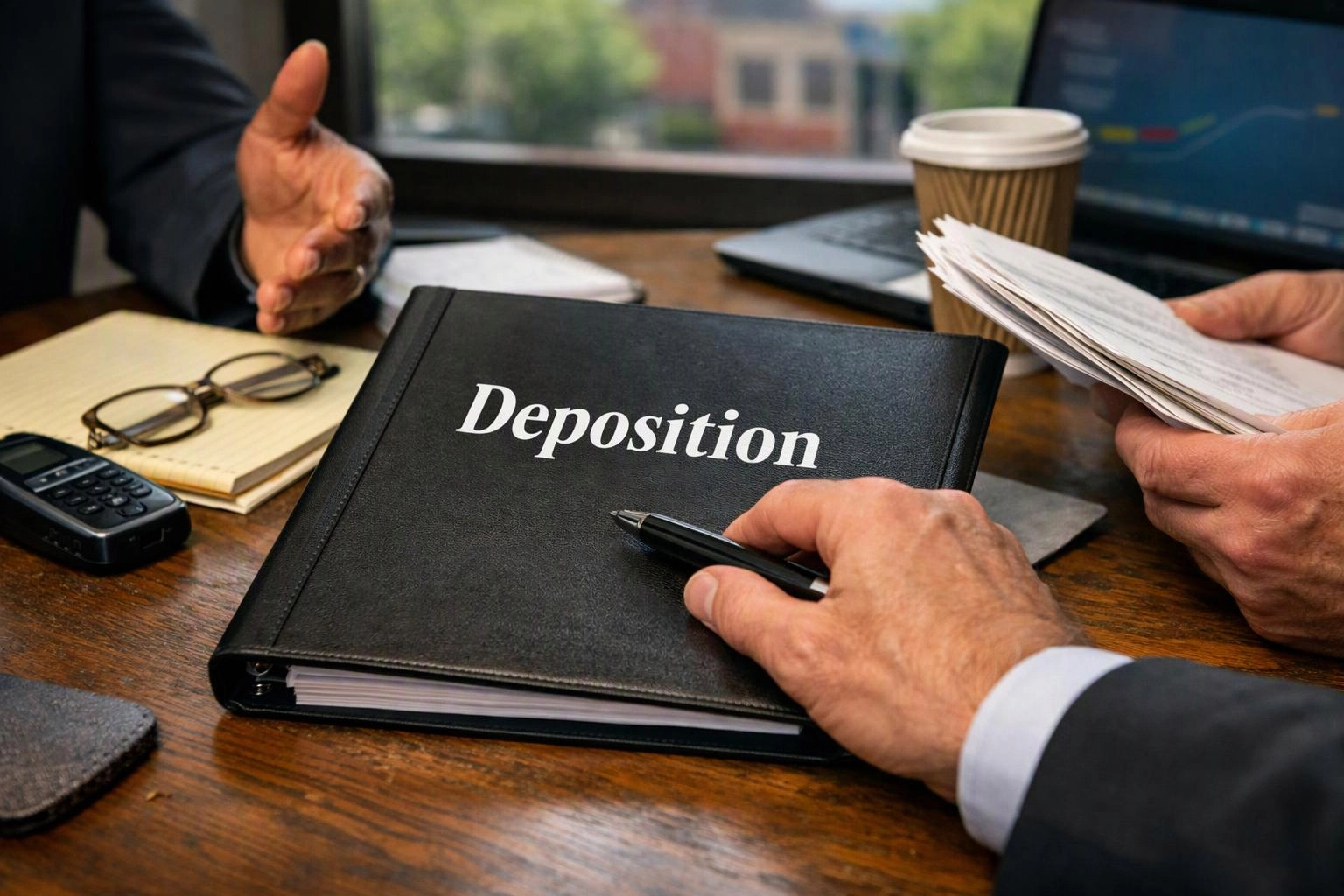 Hands review a black deposition binder on a wooden desk beside papers, glasses, a phone, and a coffee cup