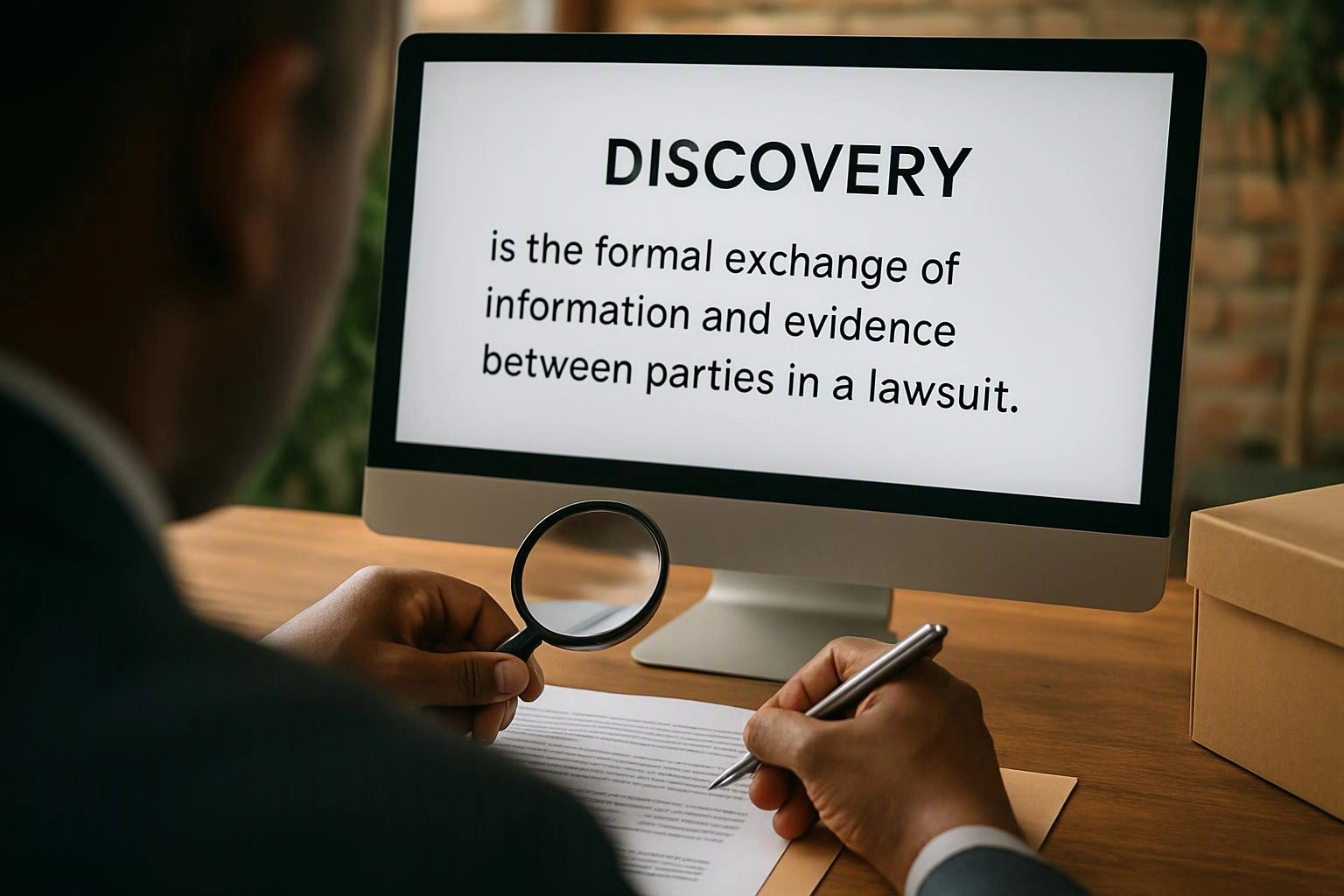 A person examines a document with a magnifying glass while a computer screen shows a lawsuit discovery definition