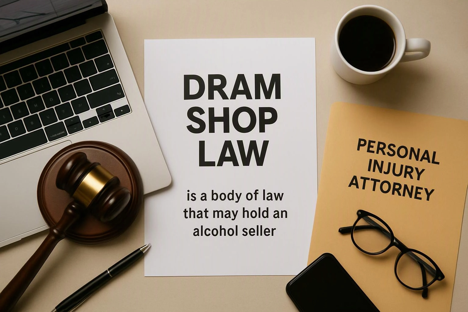A desk flat lay shows a laptop, gavel, coffee, glasses, papers, and a legal sheet with bold text around it