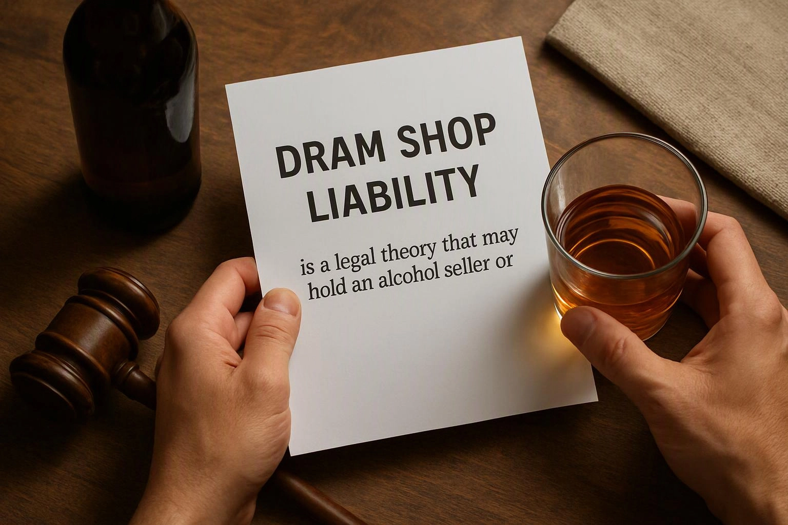 Hands hold a paper titled “DRAM SHOP LIABILITY” beside a whiskey glass, gavel, and bottle on a wooden table