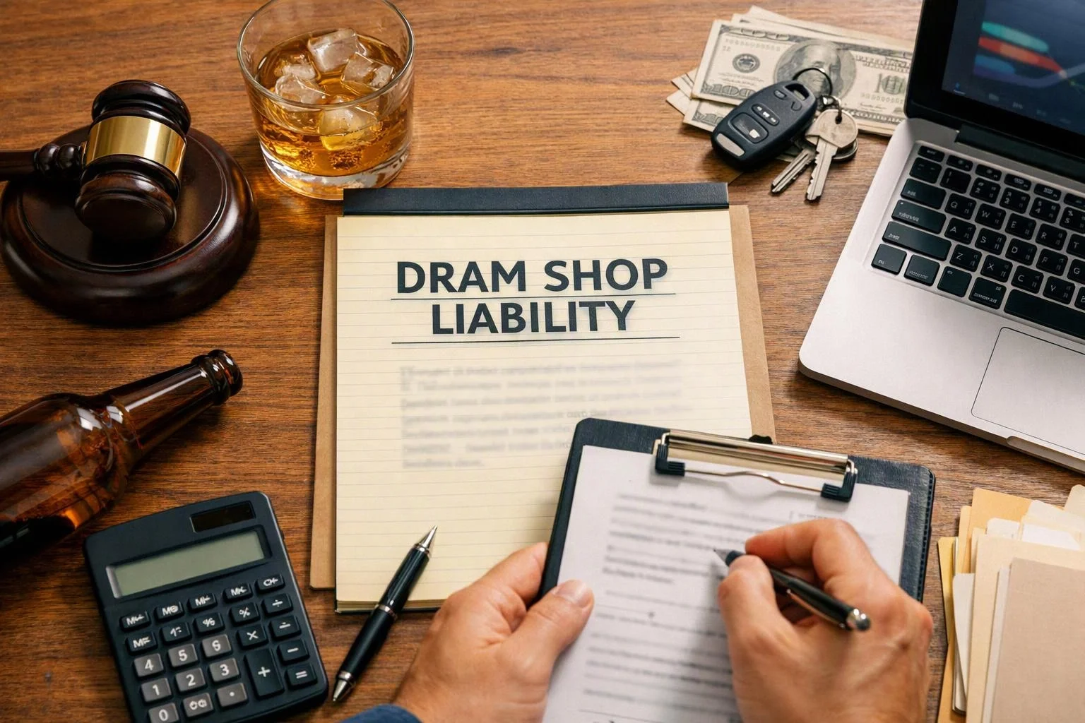 A desk shows a gavel, whiskey glass, cash, keys, laptop, calculator, and paperwork labeled Dram Shop Liability