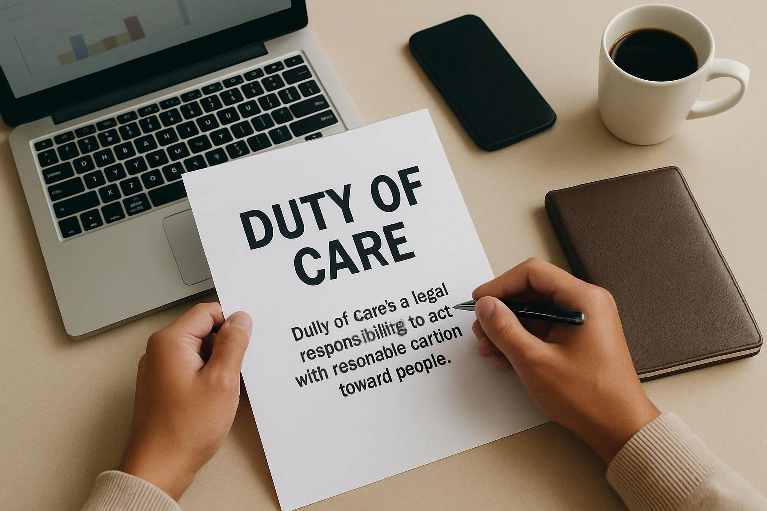 Hands hold a paper reading “DUTY OF CARE” beside a laptop, phone, notebook, and coffee cup on a desk