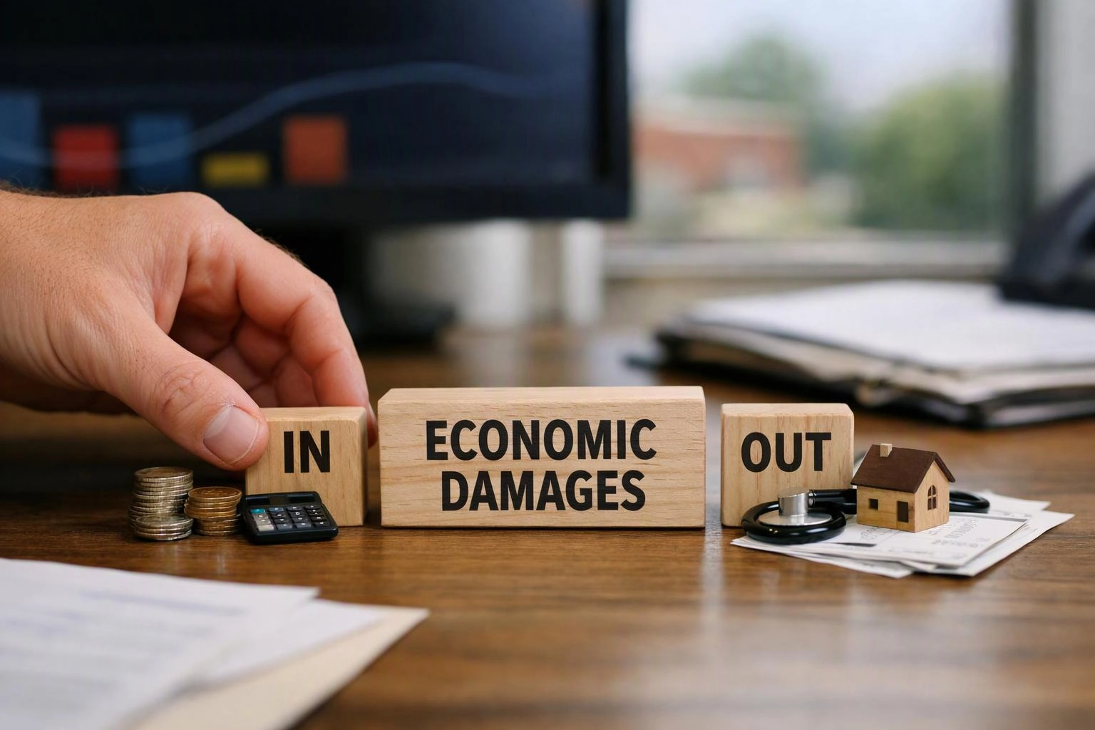 A hand arranges wooden blocks labeled IN, ECONOMIC DAMAGES, and OUT on a desk with coins, a calculator