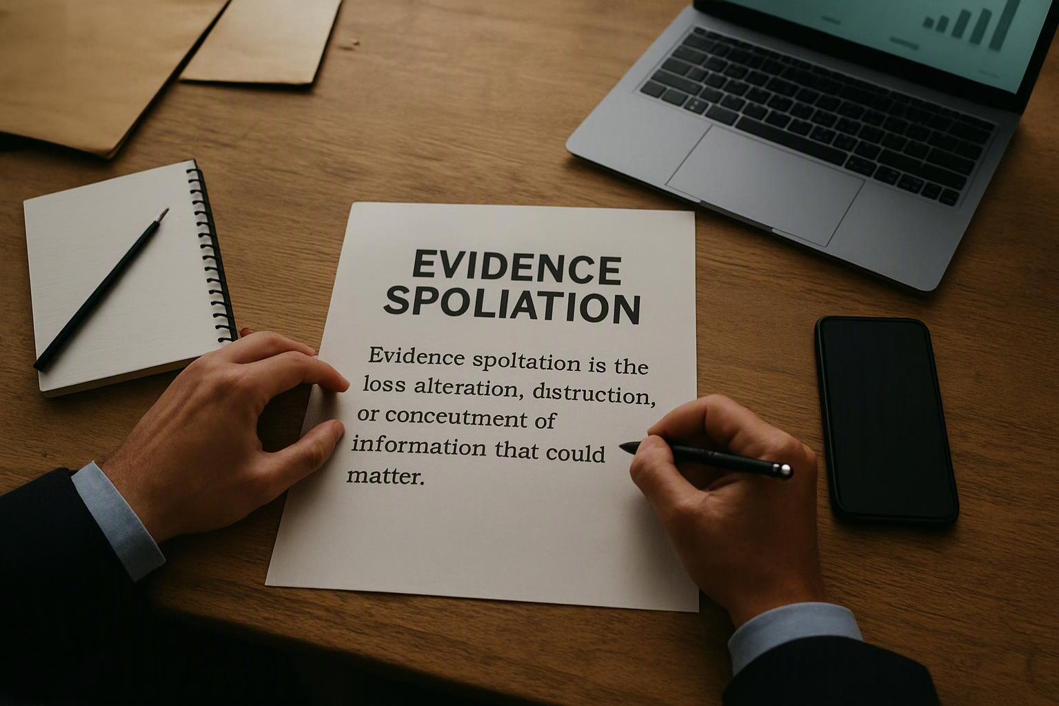 Hands hold a pen over a paper titled “EVIDENCE SPOLIATION” on a desk with a laptop, notebook, and phone