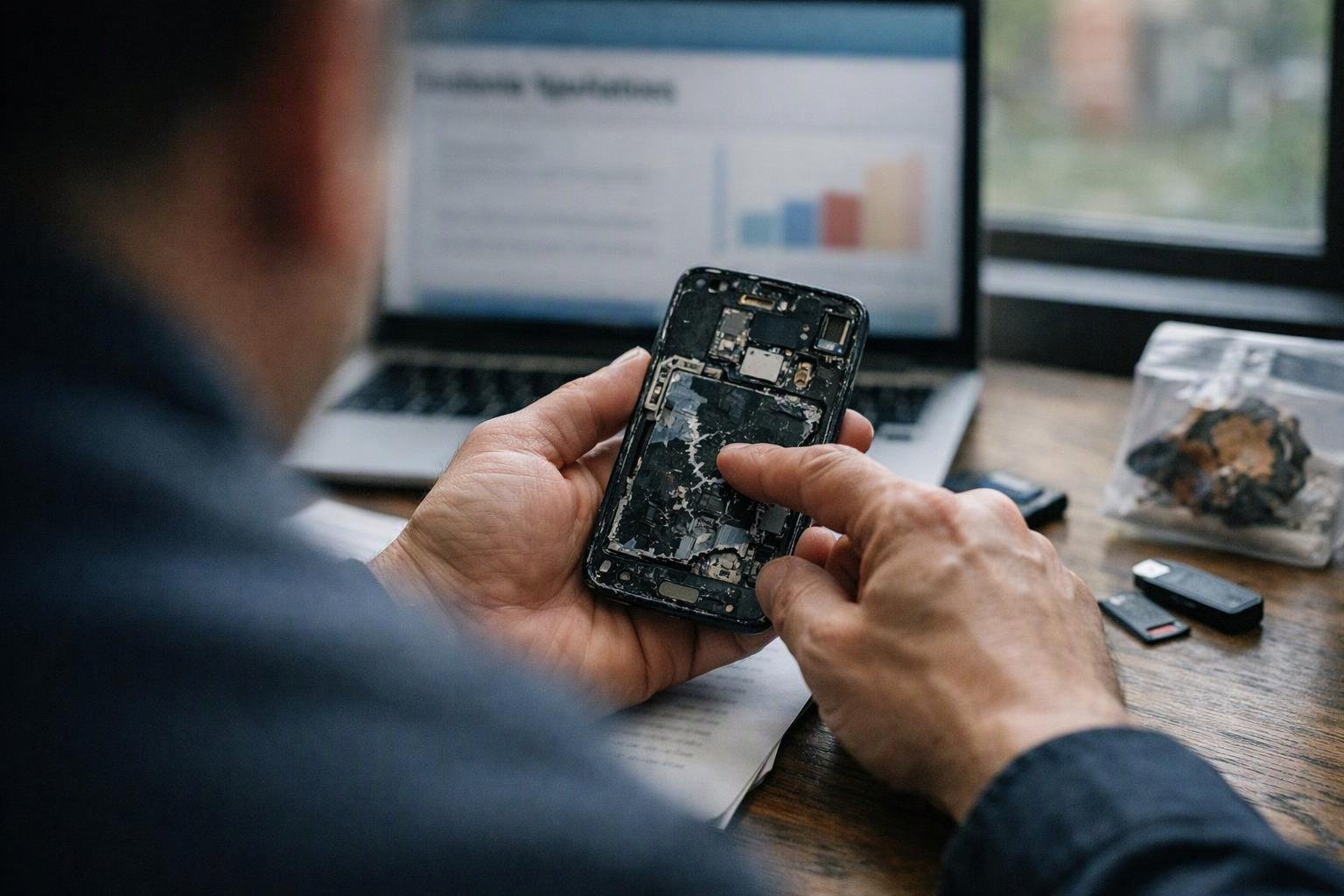 A person inspects a damaged smartphone while using a laptop at a wooden desk