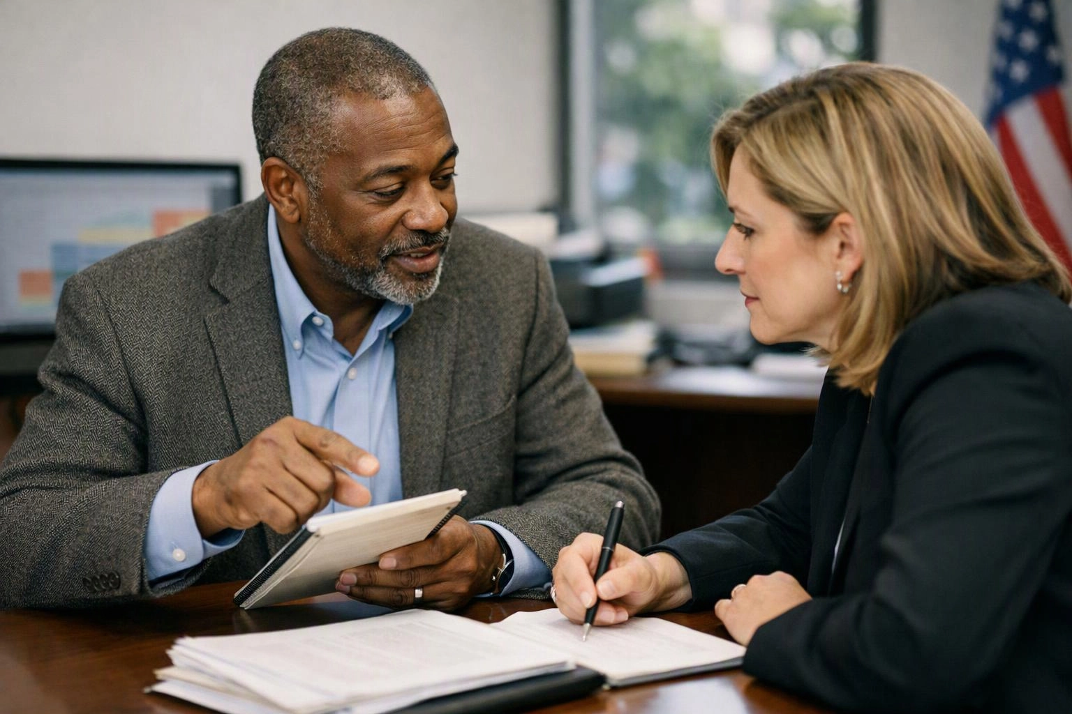 Two coworkers sit at a desk, one points at a notepad while the other writes on papers in an office