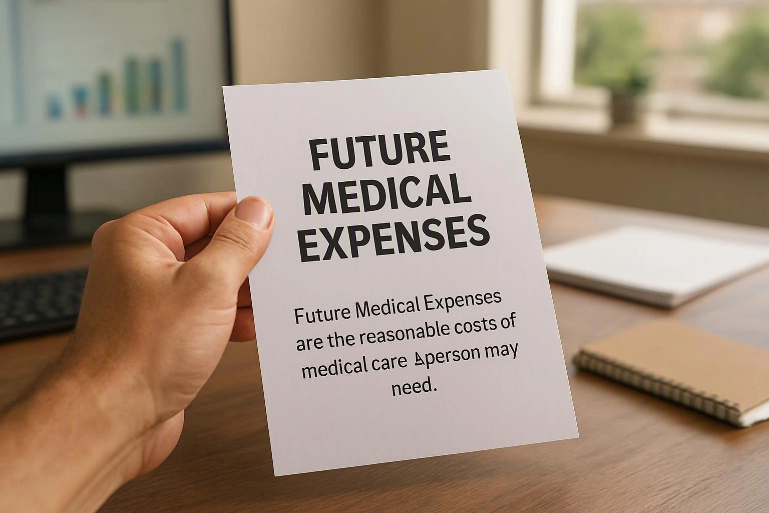 A hand holds a card reading "FUTURE MEDICAL EXPENSES" over a desk with a monitor and notebook in the background