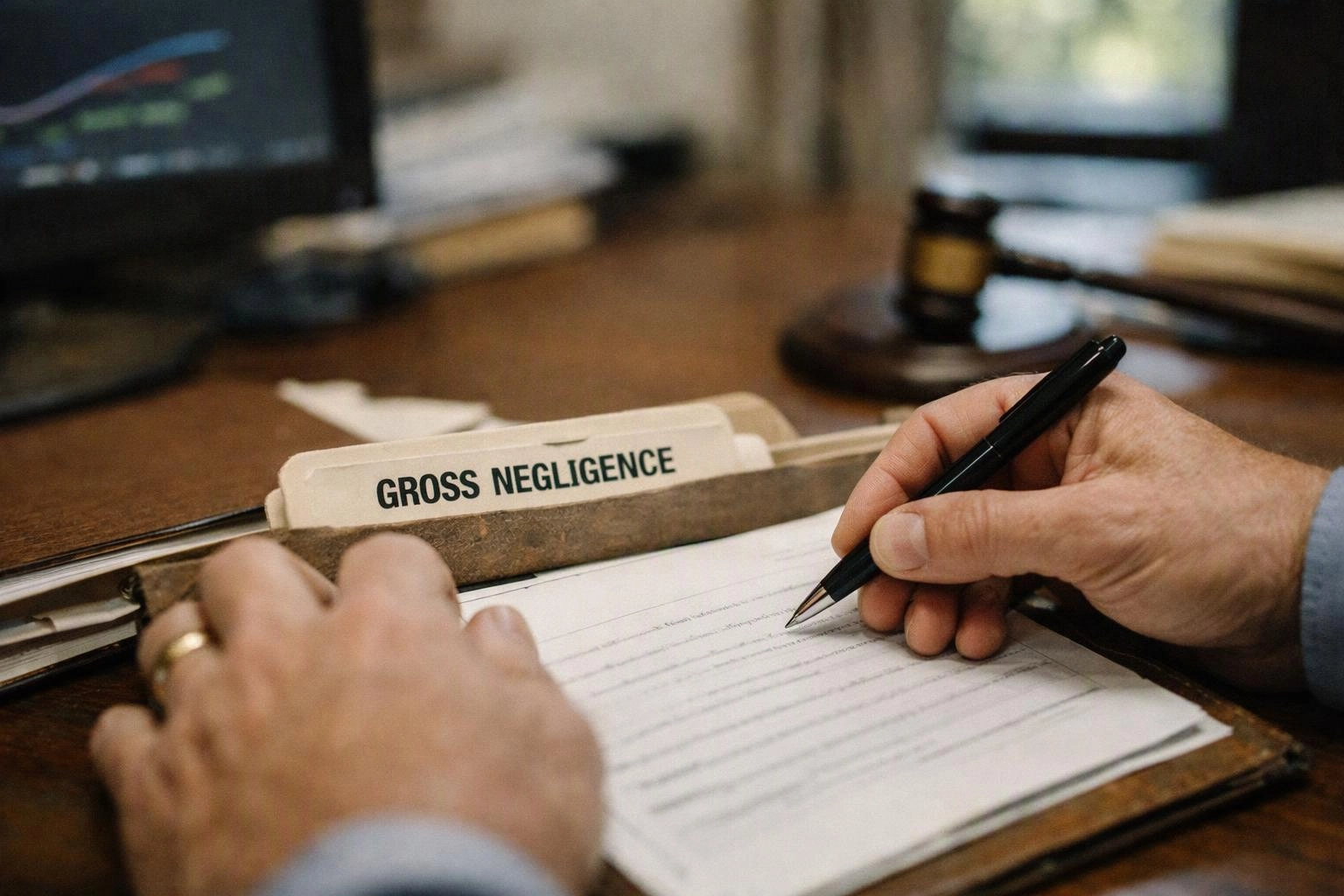 Hands fill out a form at a desk beside a file labeled “GROSS NEGLIGENCE”