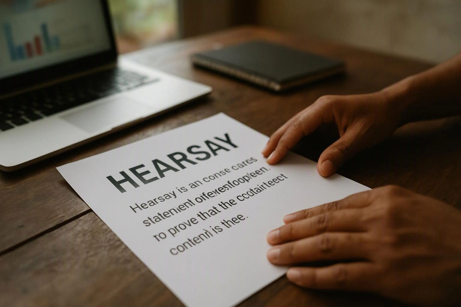 Hands rest on a paper marked HEARSAY beside a laptop on a wooden desk