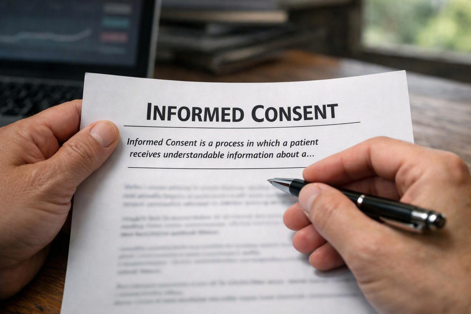 Hands hold an informed consent form while a pen points at the text on a desk