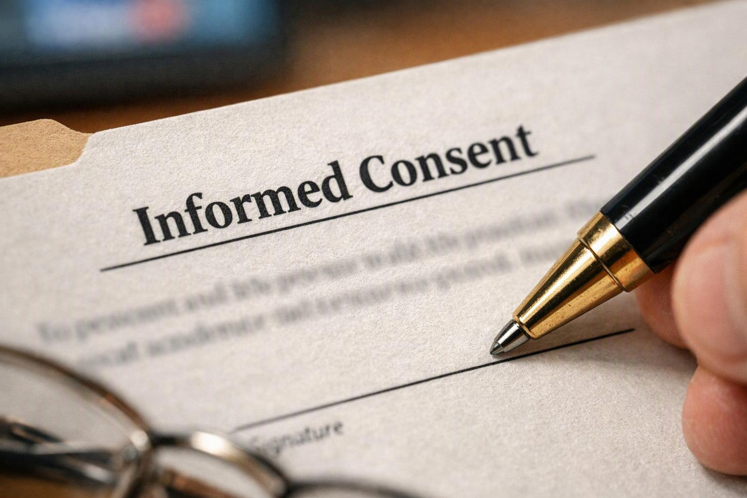 A pen hovers over an informed consent form beside eyeglasses on a desk