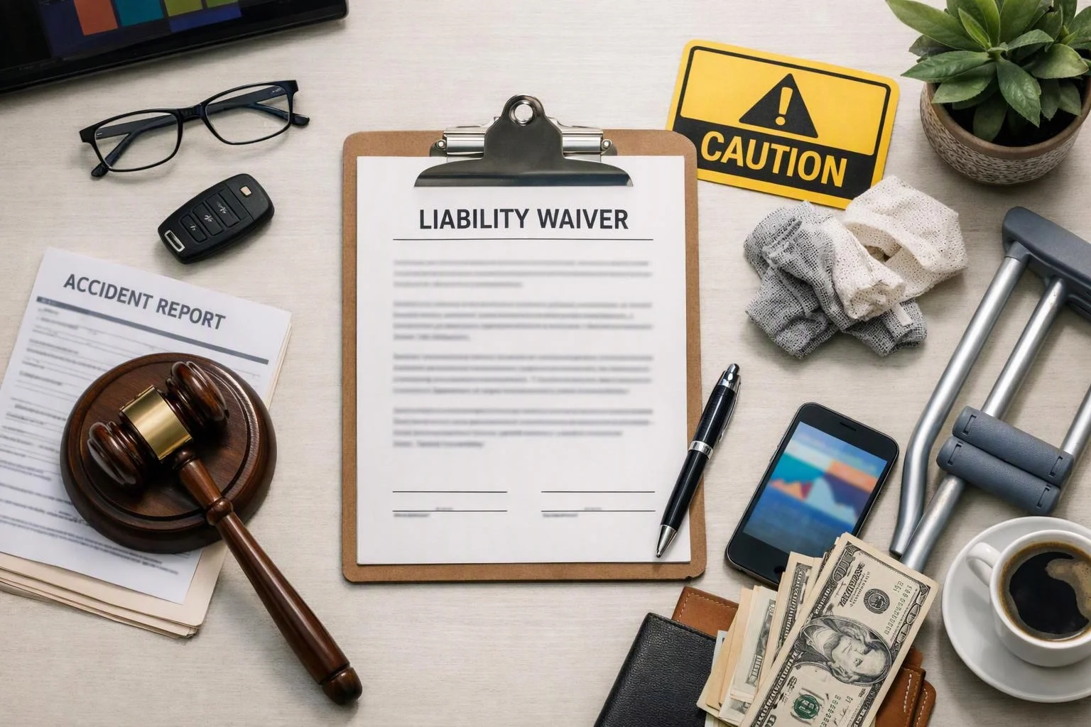 Clipboard with a liability waiver sits among accident papers, caution sign, gavel, crutches, wallet, phone, and coffee