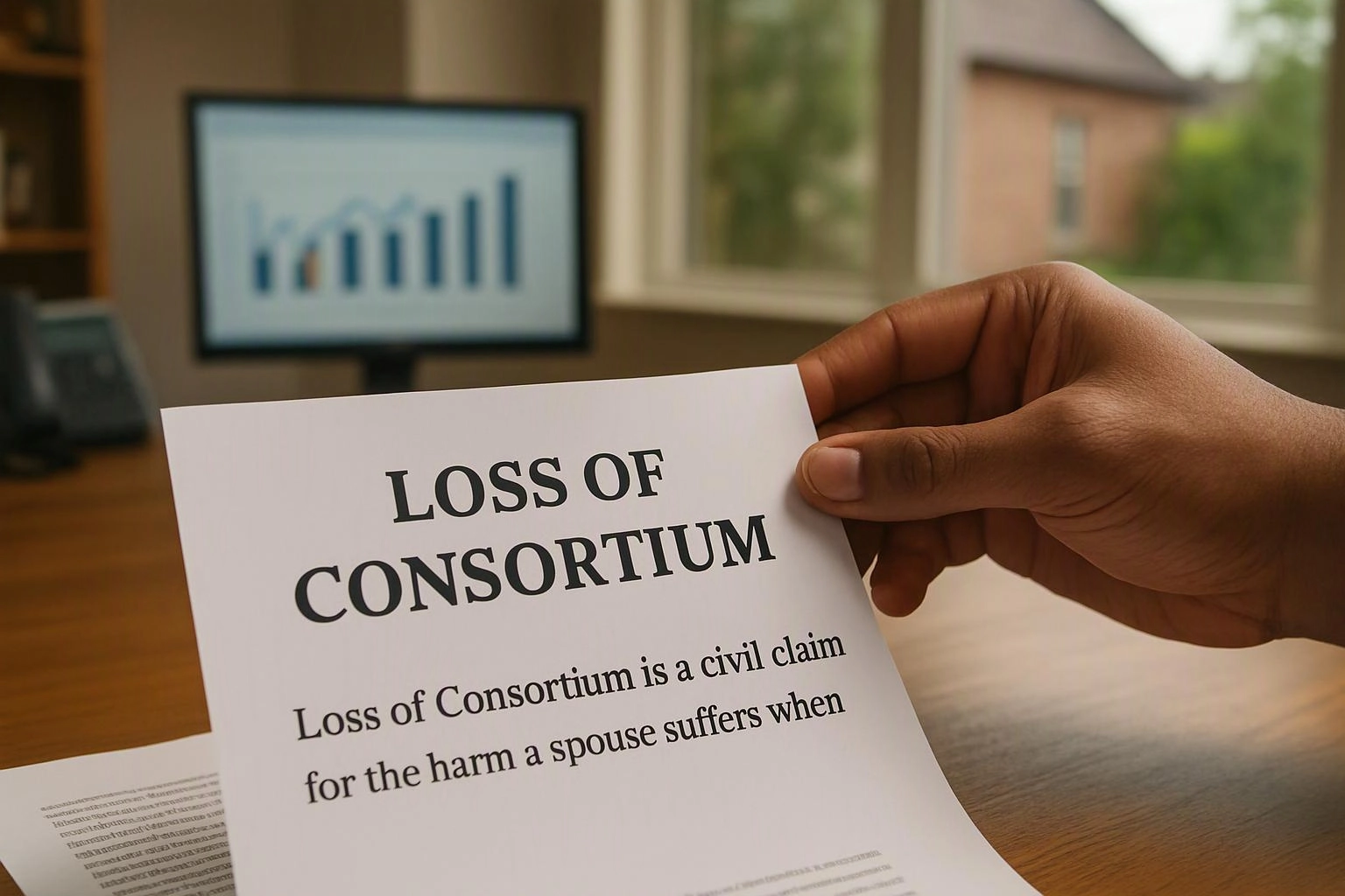 A hand holds a paper titled “LOSS OF CONSORTIUM” over a desk with a blurred chart screen in the background