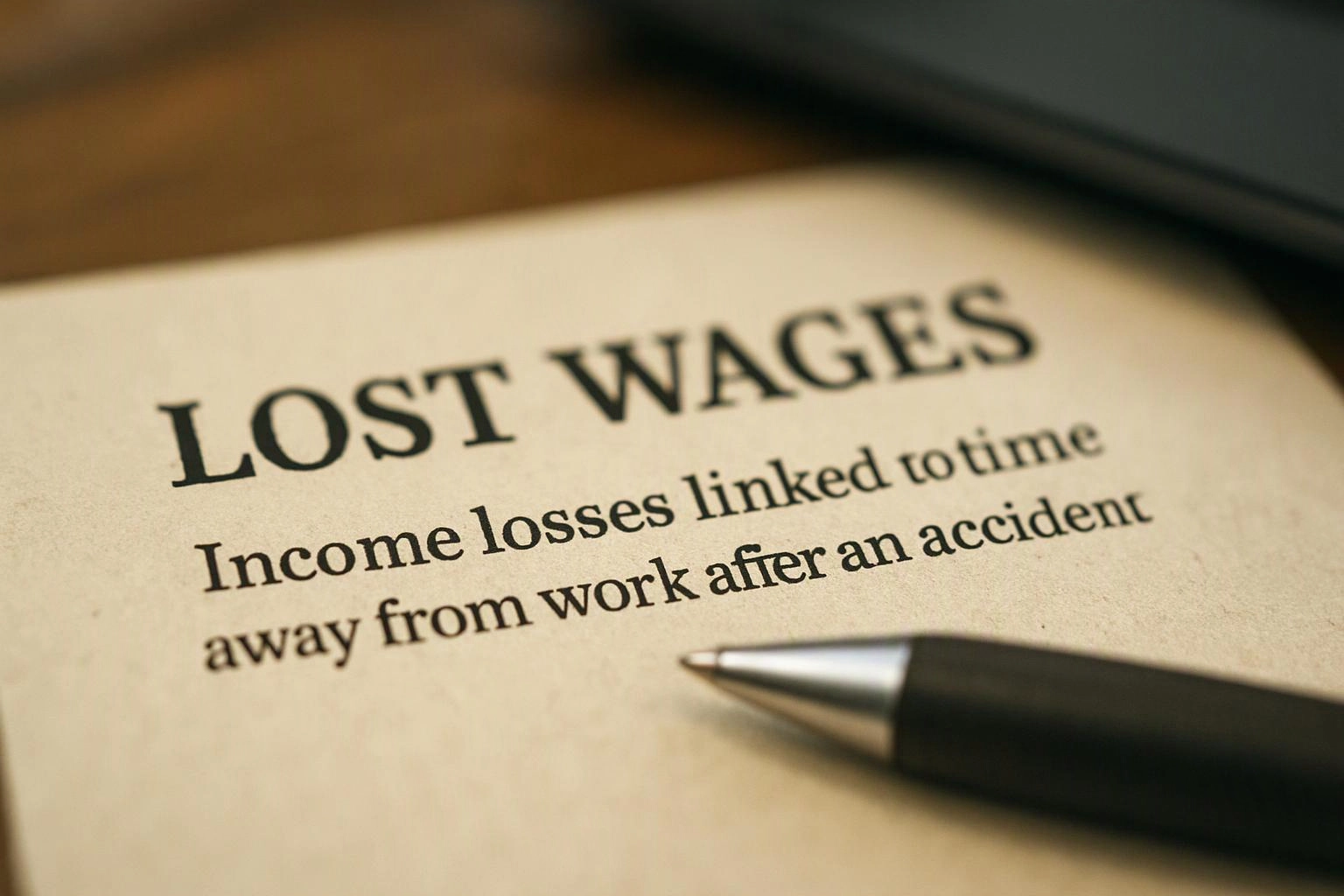 A newspaper page shows the headline “LOST WAGES” with a pen resting across the article text