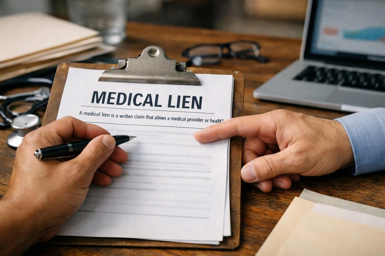 Hands point at a clipboard labeled "MEDICAL LIEN" on a desk with a laptop and glasses