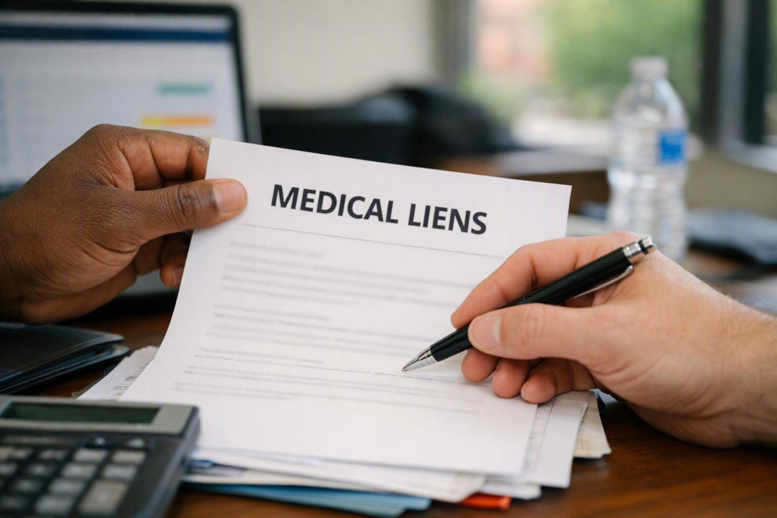 Two hands hold and sign a paper labeled "MEDICAL LIENS" at a desk with office items behind them