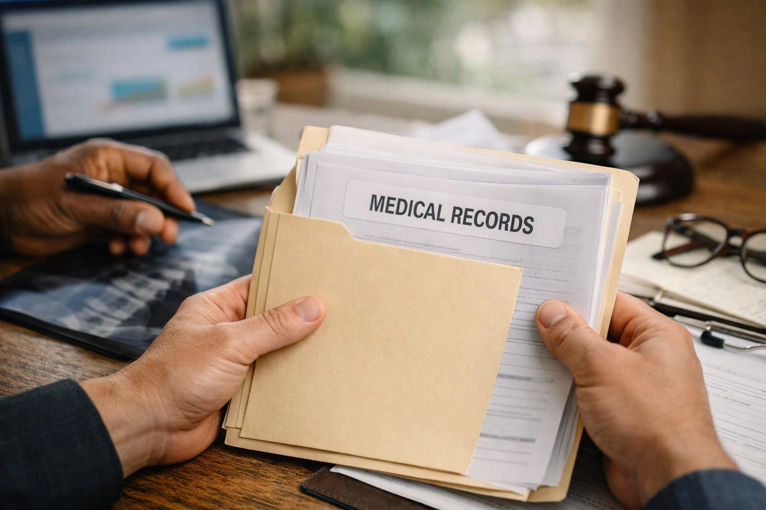 Hands hold a folder labeled medical records beside a laptop, paperwork, glasses, and a gavel on a desk