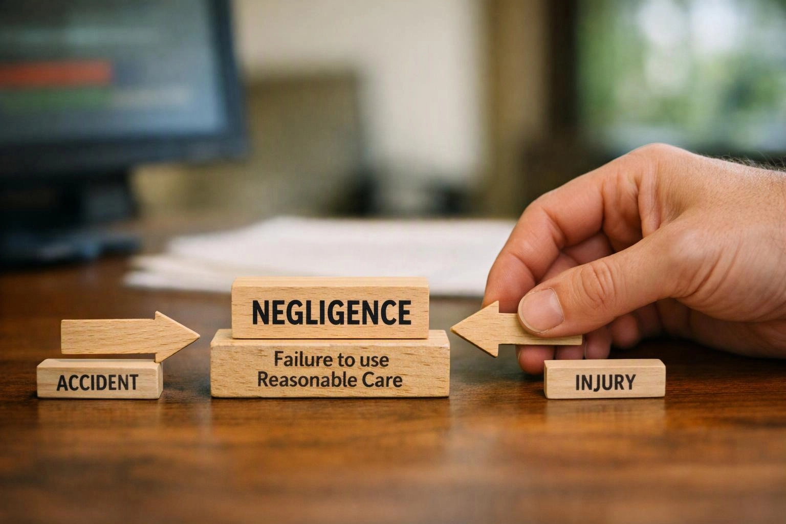 A hand moves a wooden arrow beside blocks labeled “Negligence,” “Accident,” and “Injury” on a desk