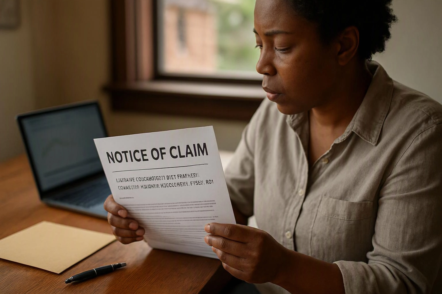 A woman reads a notice of claim at a wooden desk beside an open laptop and pen