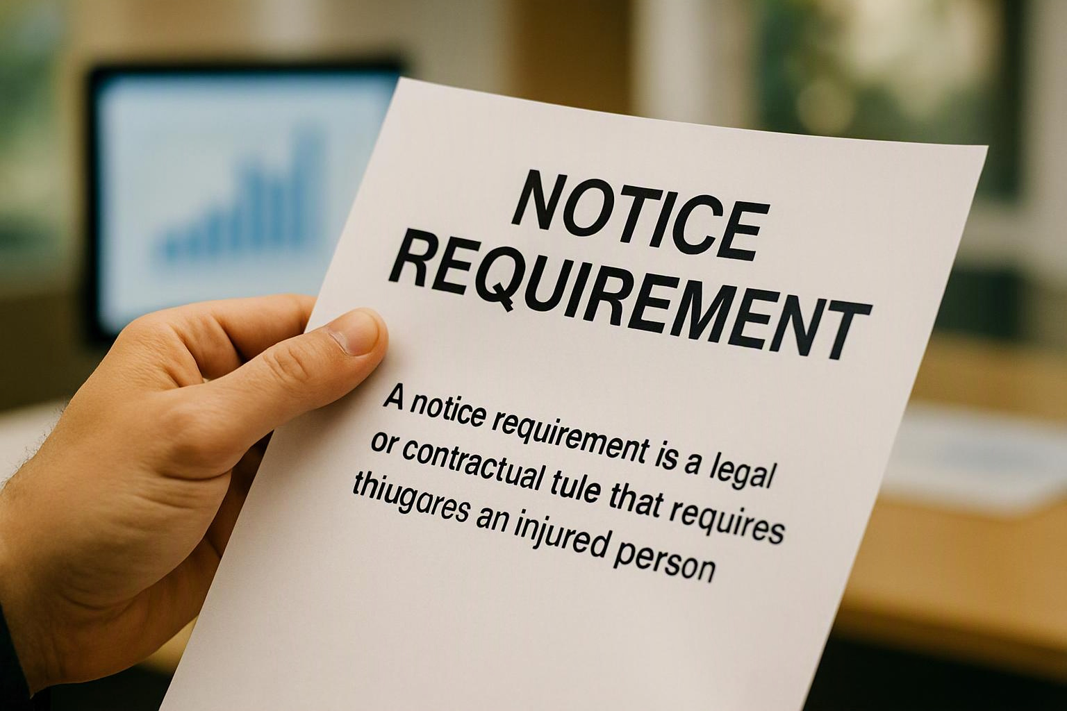 A hand holds a printed notice page in front of a blurred computer screen and desk