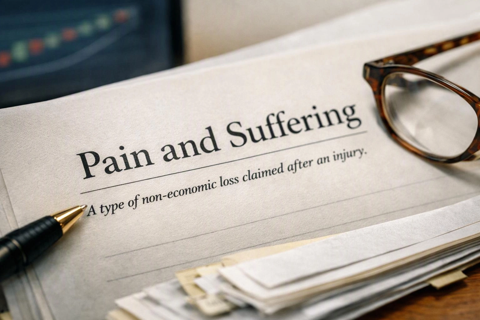 A close-up shows a paper titled Pain and Suffering beside a pen, glasses, and stacked documents on a desk