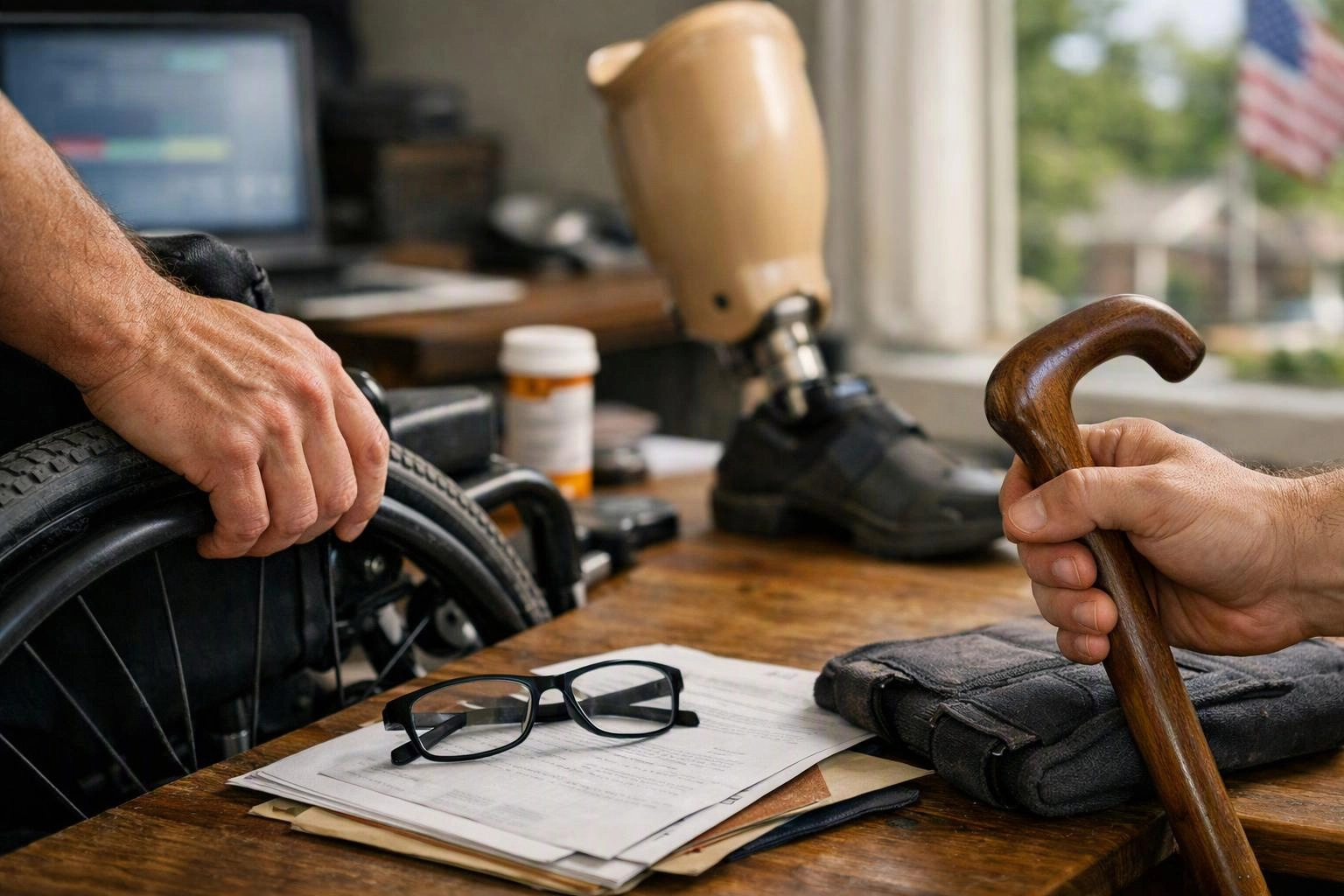A prosthetic leg and wheelchair sit beside a desk while hands hold a cane and wheel rim indoors