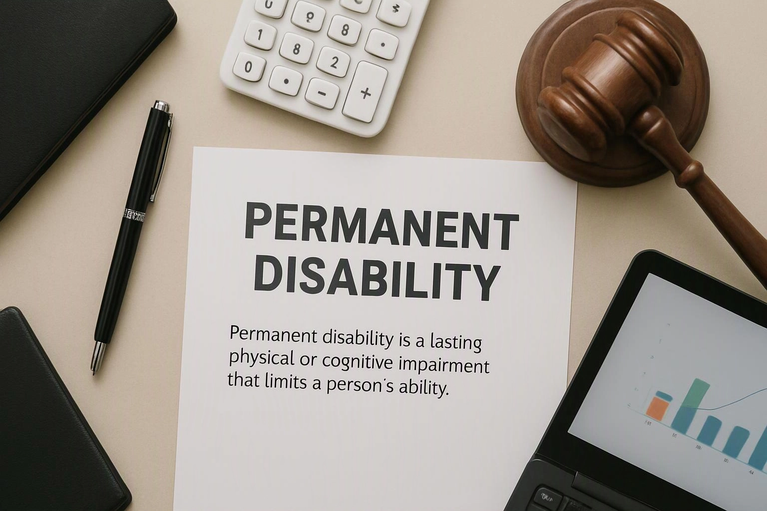 A desk displays a paper titled “PERMANENT DISABILITY” beside a gavel, calculator, pen, notebook, and laptop chart