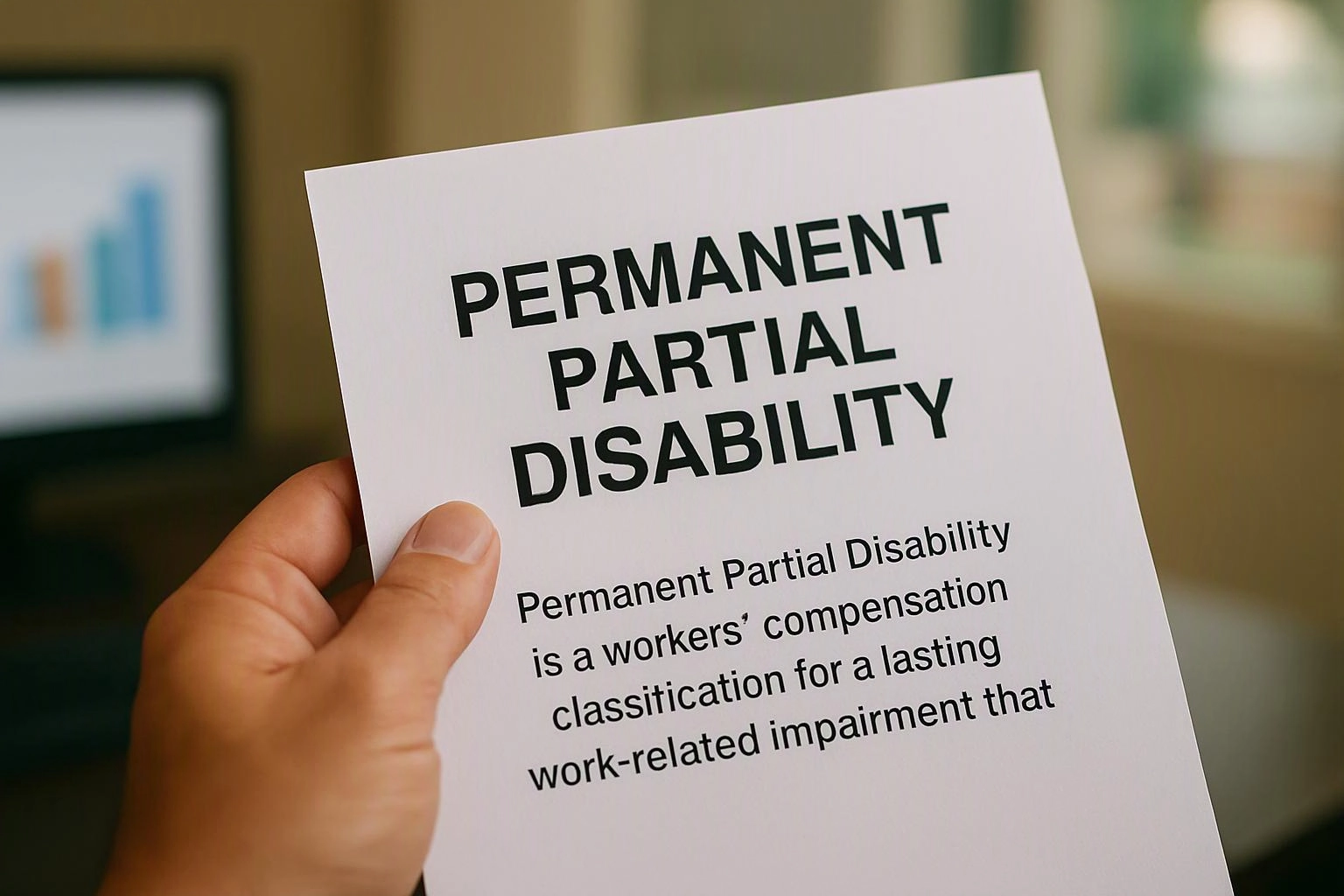 A hand holds a paper that reads “PERMANENT PARTIAL DISABILITY” in large text, with a blurred screen behind it