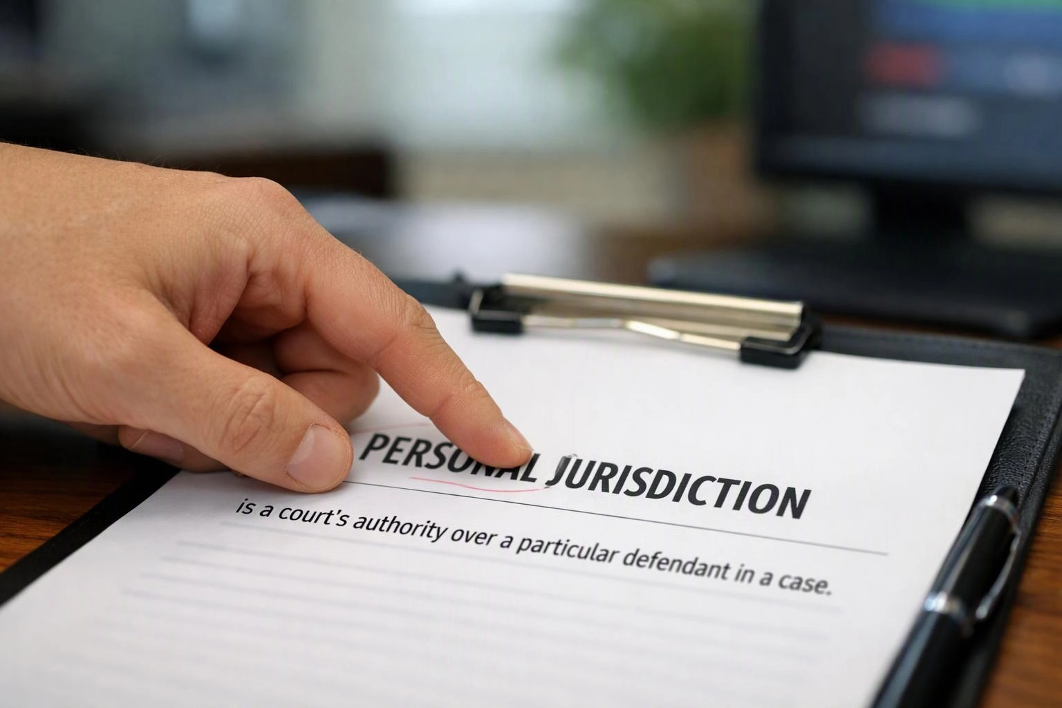 A hand points to a clipboard page titled "PERSONAL JURISDICTION" on a desk