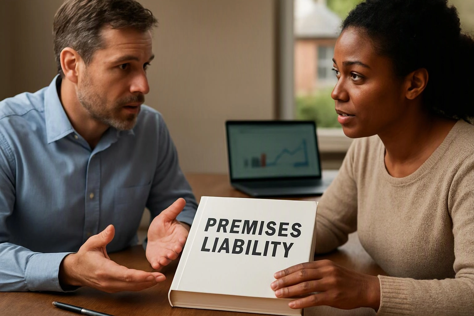 Two people talk across a table while holding a book titled “PREMISES LIABILITY” with a laptop behind them