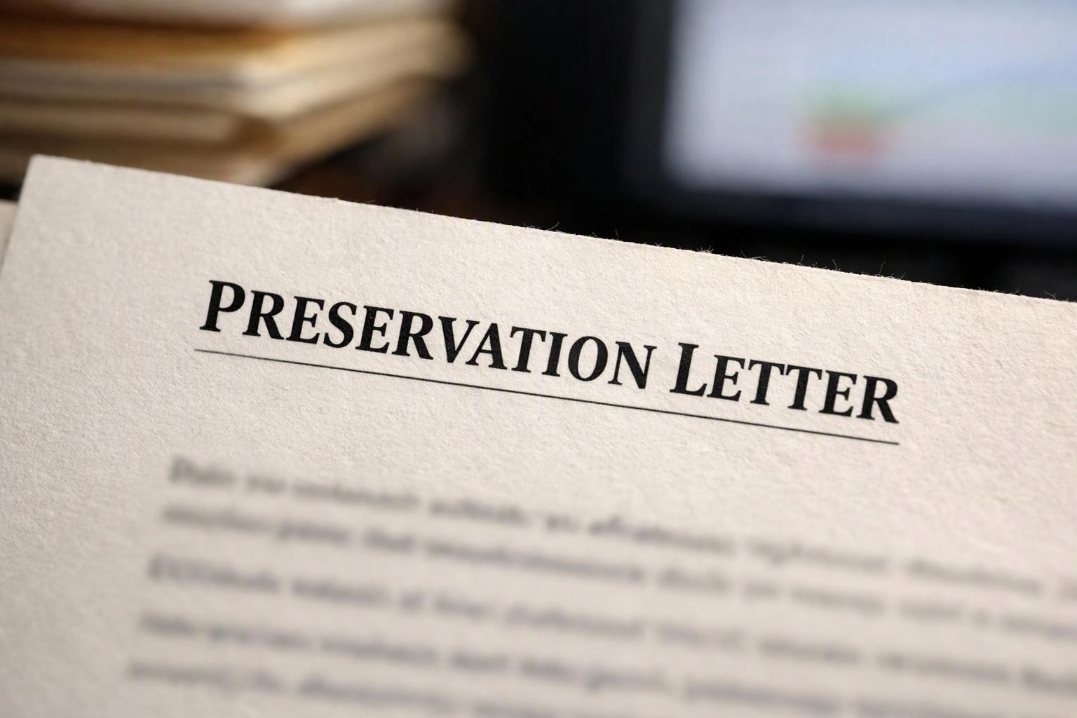 A paper document titled "Preservation Letter" fills the foreground, with blurred text and a soft office background