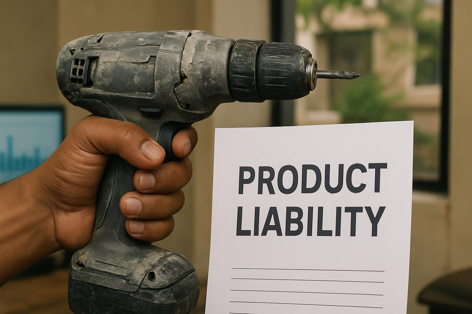 A hand holds a worn power drill beside a paper sign reading "PRODUCT LIABILITY"