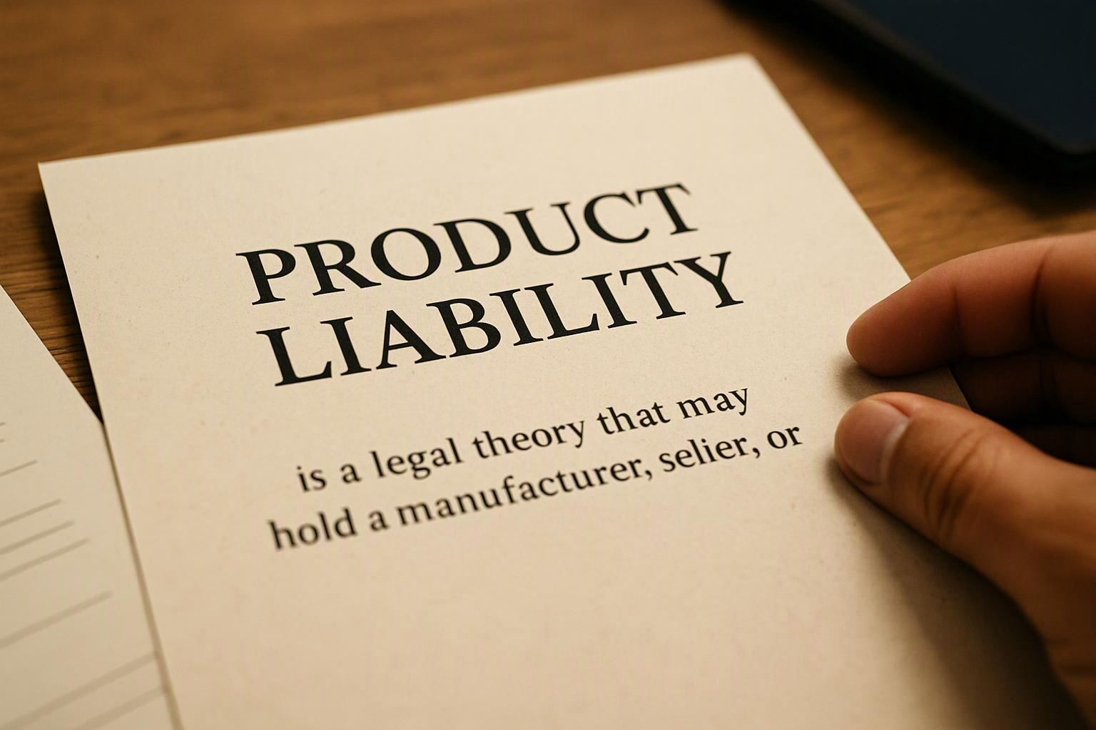 A hand holds a document titled “PRODUCT LIABILITY” on a wooden desk