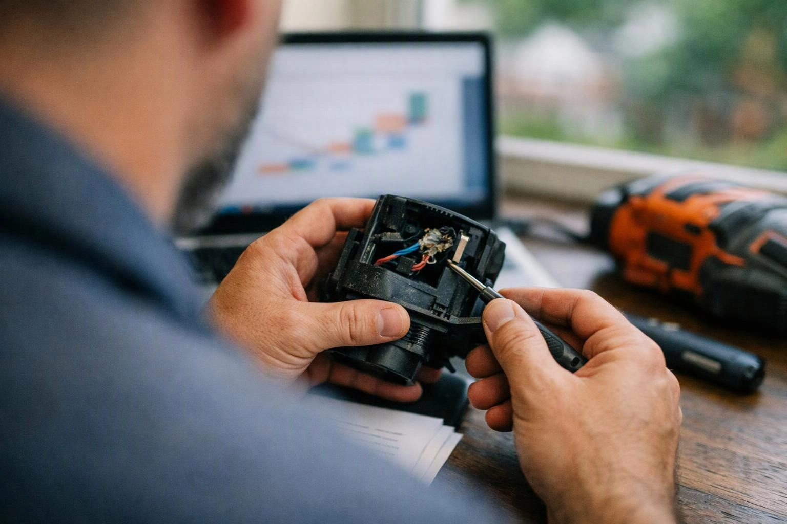 A person inspects wiring inside a small device while holding a screwdriver at a desk with a laptop and drill